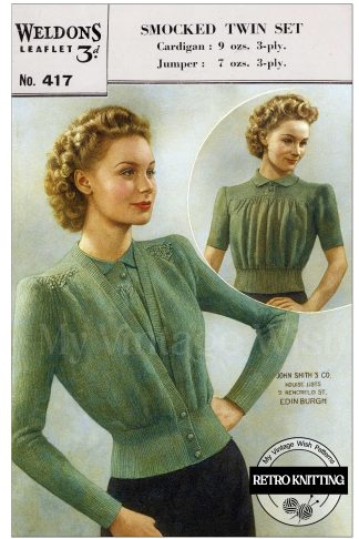 Vintage 1940s Smocked Twin Set Knitting Pattern – Women’s Jumper and Cardigan in 3 Ply Wool