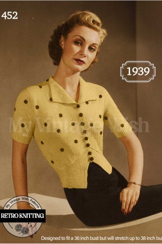1930s “It’s Easy to Spot” Cardigan Jumper Knitting Pattern – Short or Long Sleeve Design with Embroidered Detail
