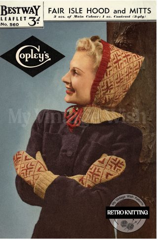 1940's Fair Isle Pixie Hood and Mittens Vintage Knitting Pattern