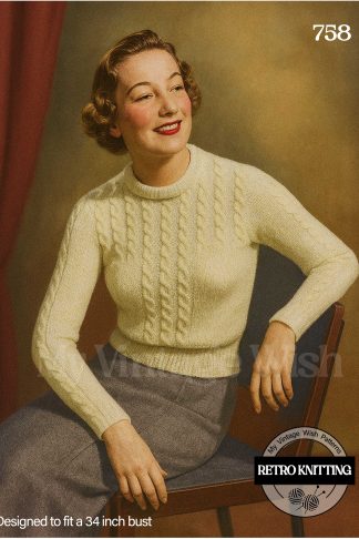 Vintage 3-Ply Knitting Pattern – Sporty Cable Jumper with Polo Collar - Bust 34