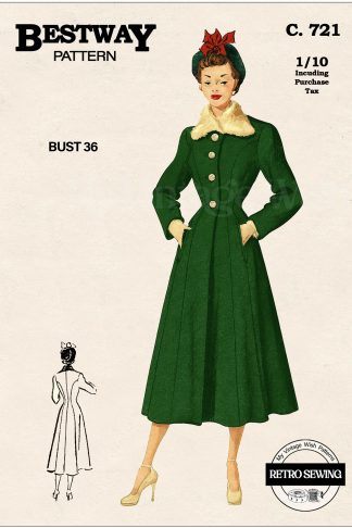 1940s Wartime Tailored Coat Sewing Pattern – Faux Fur Collar, Bust 36