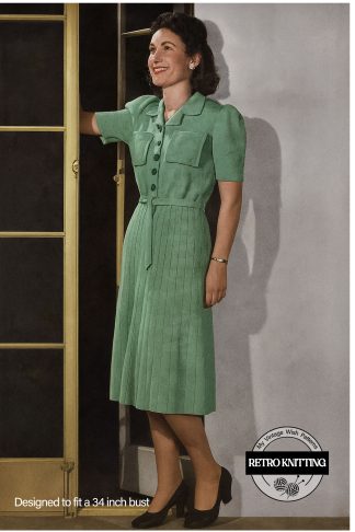 1940s Knitted Shirt-waister Dress Pattern | Vintage 3 Ply Light Fingering Knit Dress | Classic Wartime Style