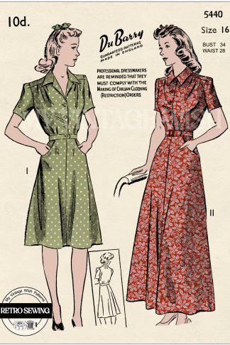 1940s Wartime Shirt Dress Sewing Pattern – Bust 34