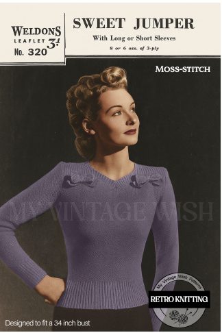 1940s Vintage Knitting Pattern – Moss Stitch Jumper with Bows Bust 34