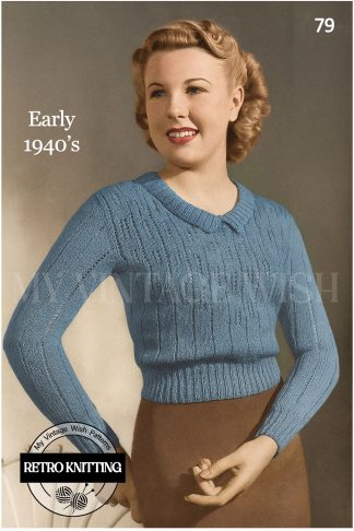 1940s Wartime Sweater with Collar Knitting Pattern | Vintage Jumper Pattern Bust 36