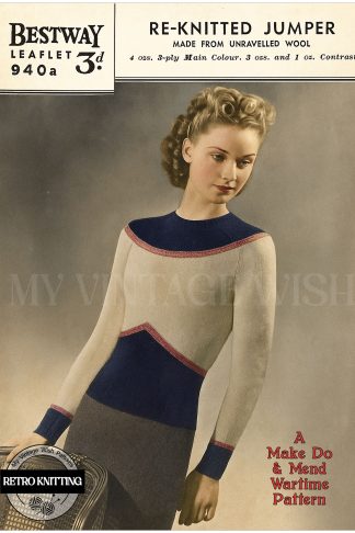 1940s Re-Knitted Yoked Sweater Pattern – Make Do and Mend Style, Bust 33-35