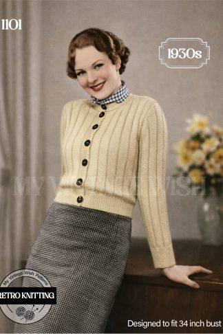 1930s Ladies Wide Rib Button-Up Cardigan Knitting Pattern | Bust 34