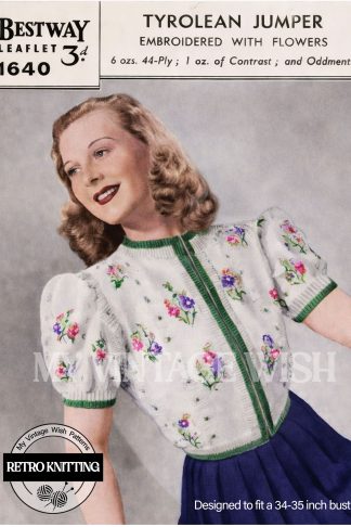 1940s Embroidered Tyrolean Jumper Knitting Pattern for Ladies Bust 34–35