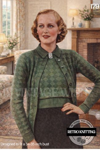 1940s Wartime Harlequin Twin Set Knitting Pattern Jumper and Cardigan 34–35"