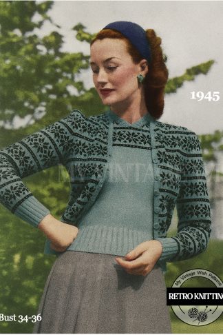 1940s Fair Isle Twin Set Knitting Pattern – Authentic 1945 Wartime Jumper and Cardigan Design