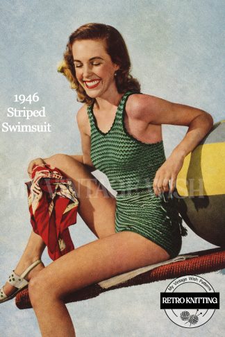 1940s Ladies Striped Swimsuit Vintage Knitting Pattern | Bust 32-24