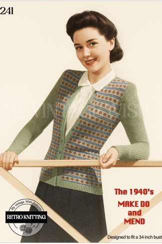 1940s Vintage Fair Isle Knitting Pattern – Long Wool Cardigan with Stripes and Diamond Design