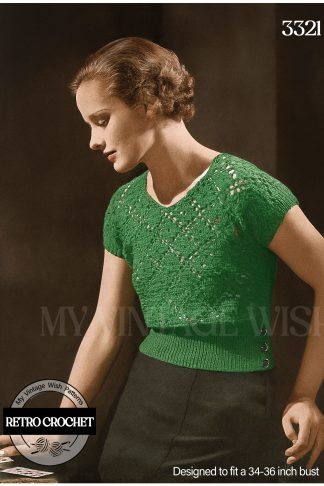 1930s Crochet Blouse Pattern – Lace Stitch Top, Short Sleeve Jumper, Bust 34–36