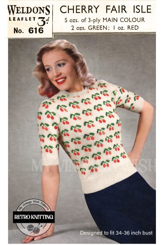 Ladies 1940s Cherry Fair Isle Jumper Knitting Pattern (34–36 Bust)