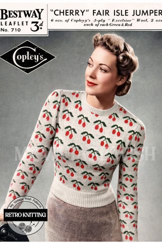 1940s Ladies Long Sleeve Cherry Fair Isle Sweater Knitting Pattern Bust 35