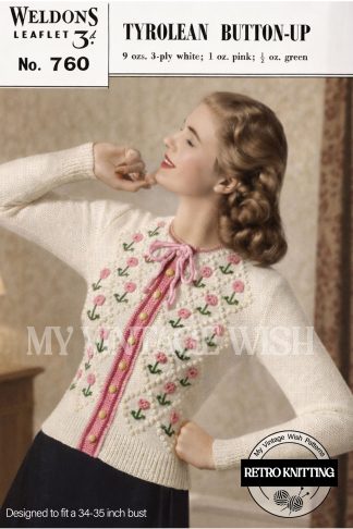 1940s Ladies Tyrolean Button-Up Jumper Knitting and Crochet Pattern Bust 34–35