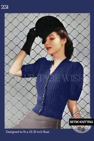 1940s Vintage Puff Sleeve Cardigan Knitting Pattern – Wartime V-Neck Sweater for 33–35 Inch Bust