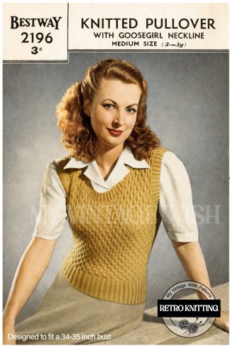1940s Ladies Pullover Knitting Pattern – Vintage Goose Girl Neckline Sweater