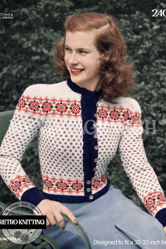 Ladies Fair Isle Cardigan Knitting Pattern – 1940s Three Colour Design