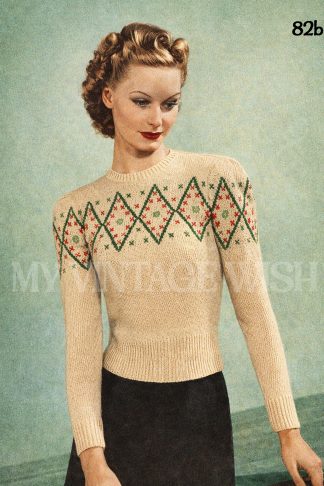 1940s Diamond Yoke Fair Isle Sweater Knitting Pattern | Classic Design