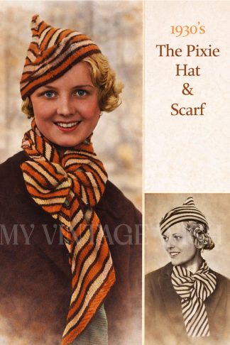 1930s Striped Pixie Hat and Scarf Knitting Pattern | Vintage Style