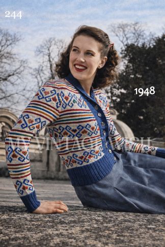 1940s Fair Isle Cardigan Knitting Pattern with Roll Collar