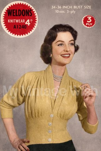 1950s Ladies Jumper Cardigan Knitting Pattern, Form Fitting Style 34–36 Bust