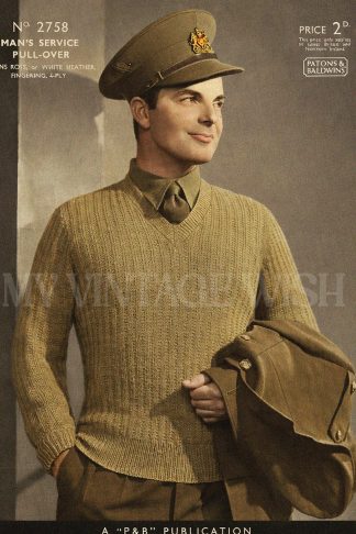 1940s  Men’s Service Pullover Knitting Pattern | Vintage British Military Sweater