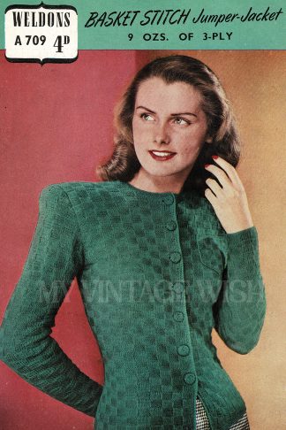 1940s Button-Up Cardigan Jacket Knitting Pattern – Vintage Basket Stitch Sweater
