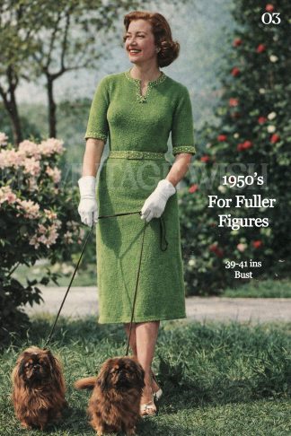 1950s Bouclé Knit Dress Pattern – Vintage Slim Two-Piece Wiggle Dress with Crochet Belt