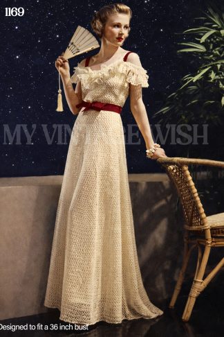 1930s Crochet Evening Dress Pattern – Off Shoulder Lace Gown