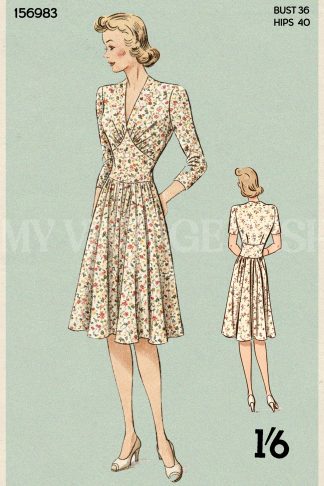 1940s Tea Dress Pattern – Vintage Wartime Sewing Pattern – Bust 36, Gathered Skirt