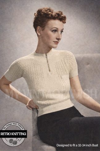 Vintage 1930s Jumper Knitting Pattern Short Sleeve Moss Stitch Sweater 32–34 Bust