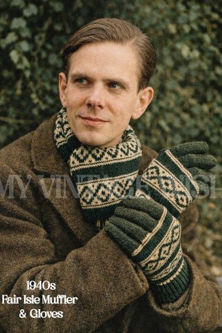 1940s Men's Fair Isle Muffler and Gloves Knitting Pattern - Vintage DIY Winter Accessories