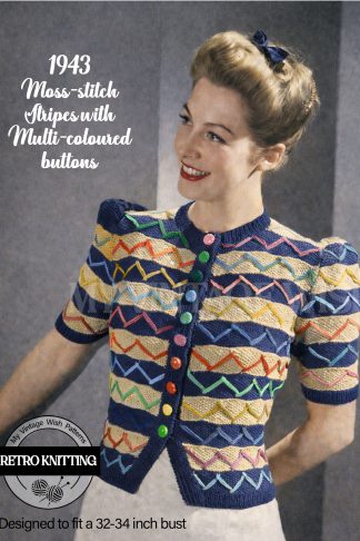 1940s Moss Stitch Jumper Knitting Pattern with Embroidery & Coloured Buttons – Bust 32–34 Vintage Sweater
