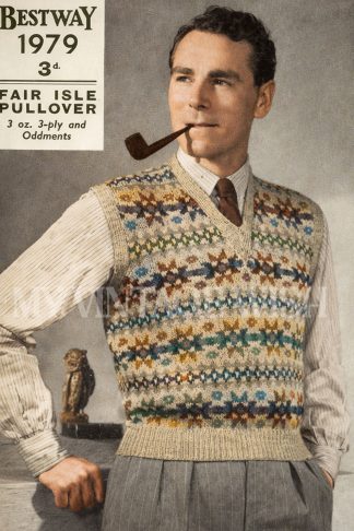 1940s Men’s Fair Isle Pullover Knitting Pattern • Vintage Sweater Vest • Retro Knitwear Pattern