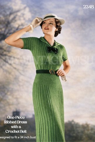 Vintage 1930s Ribbed Dress Knitting Pattern V Neck One Piece 34 Bust
