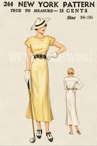 1930s Vintage Summer Dress Sewing Pattern Bust 36 Sporty Retro Style