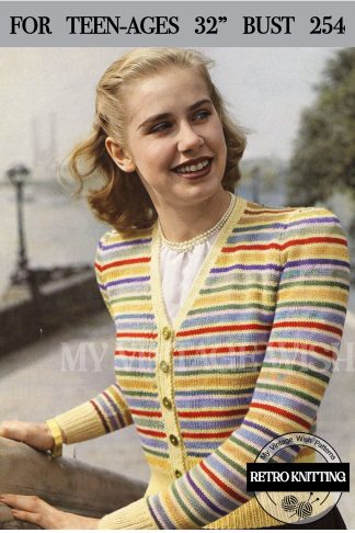 Vintage Striped Cardigan Knitting Pattern – 1940s Button Front Sweater, 32" Bust