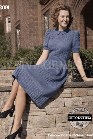 1940s Puff Sleeve Dress Knitting Pattern – Vintage Women’s Dress Bust 32–34