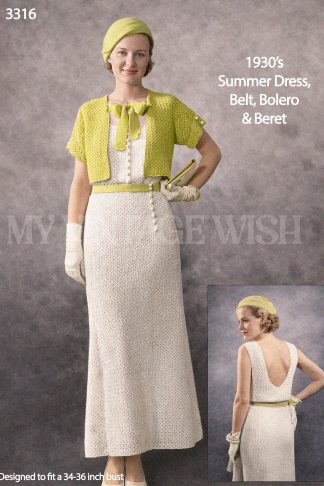 1930s Crochet Dress Pattern with Bolero and Beret – Elegant Vintage Summer Set
