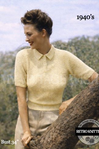 1940s Polo Blouse Knitting Pattern, Vintage Ladies Moss Stitch Cotton Top Bust 34