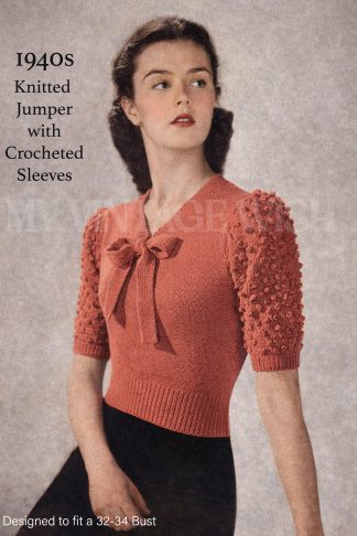 1940s Pussy Bow Jumper Knitting Pattern with Crochet Sleeves Vintage Sweater