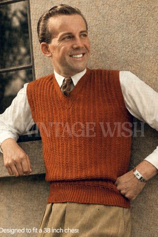 Vintage 1940s Mens Sports Pullover Knitting Pattern – Sleeveless Cable Stitch Sweater Vest