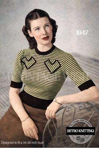 1940s Striped Jumper Knitting Pattern – Vintage Semi-Fitted Sweater with V Pockets