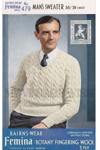 Vintage 1940s Mens V-Neck Cable Knit Sweater Knitting Pattern 36–38 Chest