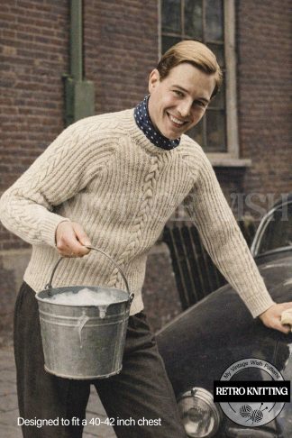 Vintage 1950s Mens Cable Knit Sweater Pattern – Rib Raglan Jumper Knitting Pattern