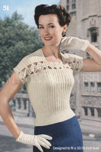 Vintage 1950s Knitting Pattern for Ladies Sweater with Crochet Flower Panel