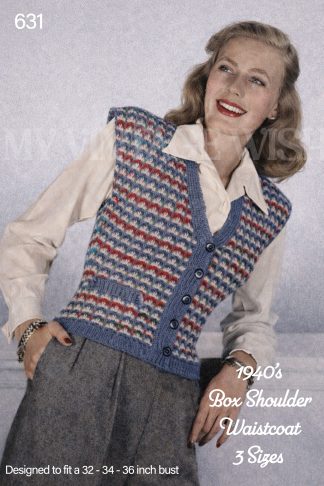 Vintage 1940s Waistcoat Knitting Pattern – Colour-work Knit Vest with Pocket, 3 Sizes