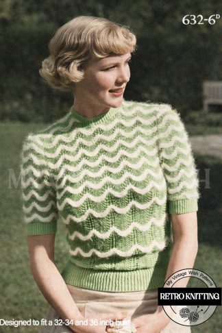 1940s Knitting Pattern Angora Striped Sweater Vintage Womens 3 Sizes